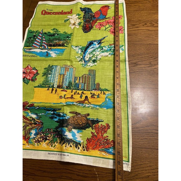 Vintage Linen Souvenir Towel Scenic Queensland Great Barrier Reef Made In Poland - Picture 4 of 12